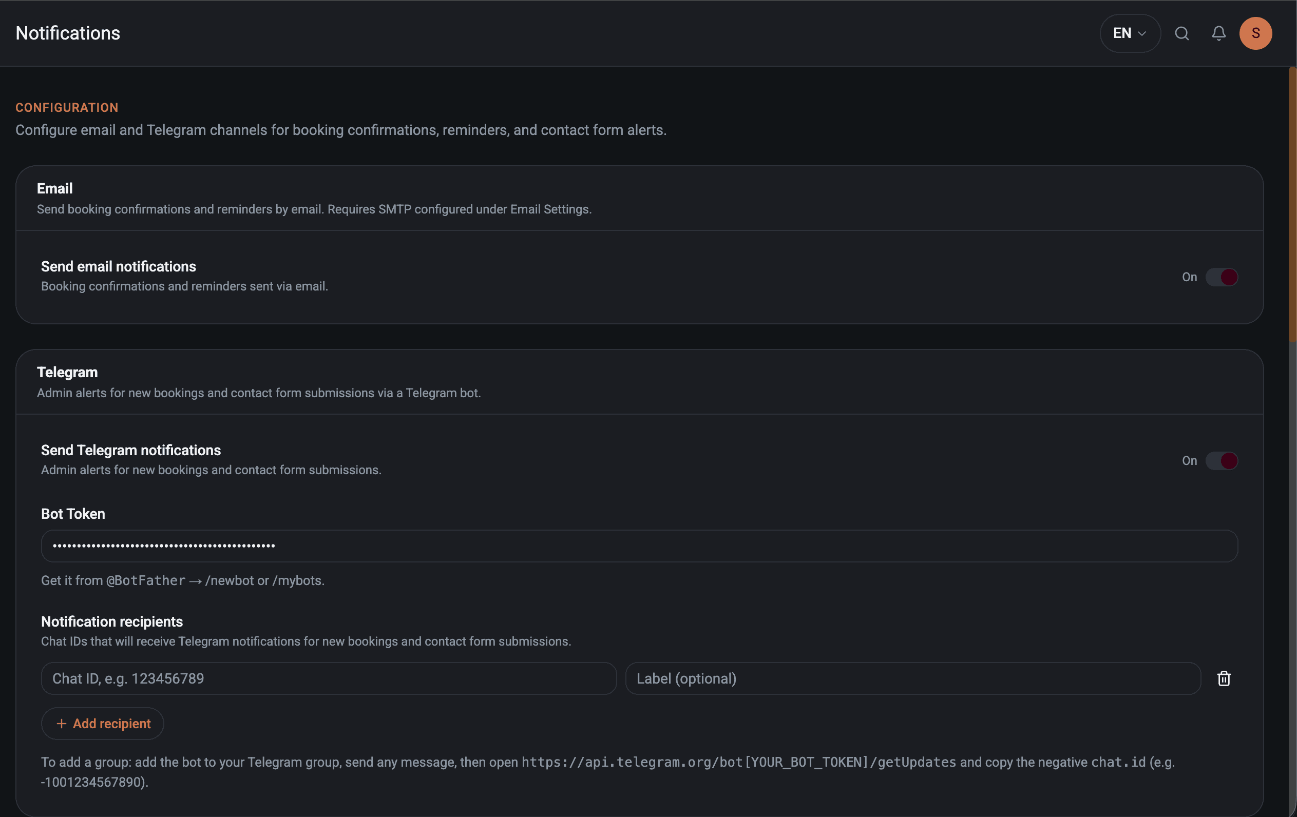 Ordiset admin — email and Telegram notification settings