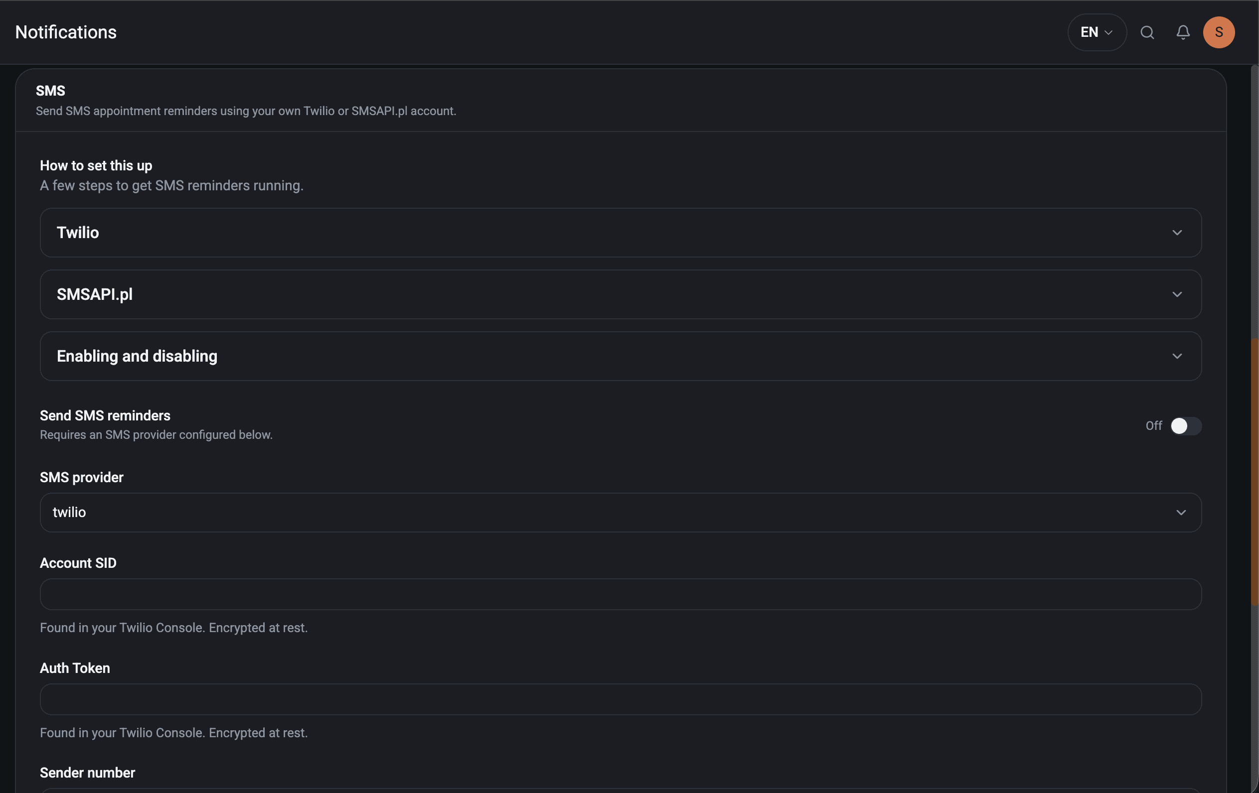 Ordiset admin — SMS provider configuration