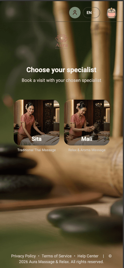 Aura Massage & Relax mobile booking site — specialist selection