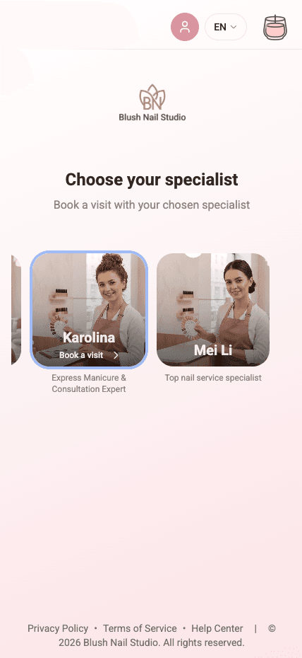 Blush Nail Studio mobile booking site — specialist selection