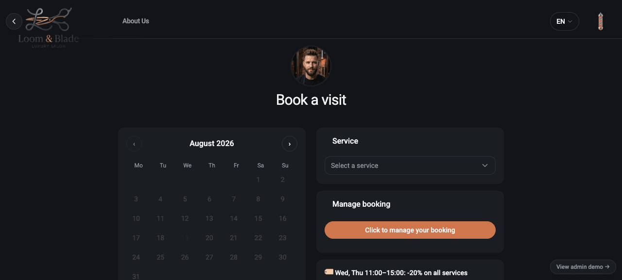 Ordiset demo — booking calendar