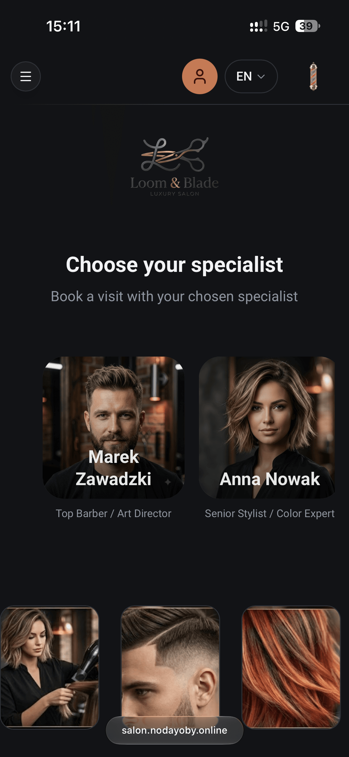 Loom & Blade mobile booking site — specialist selection