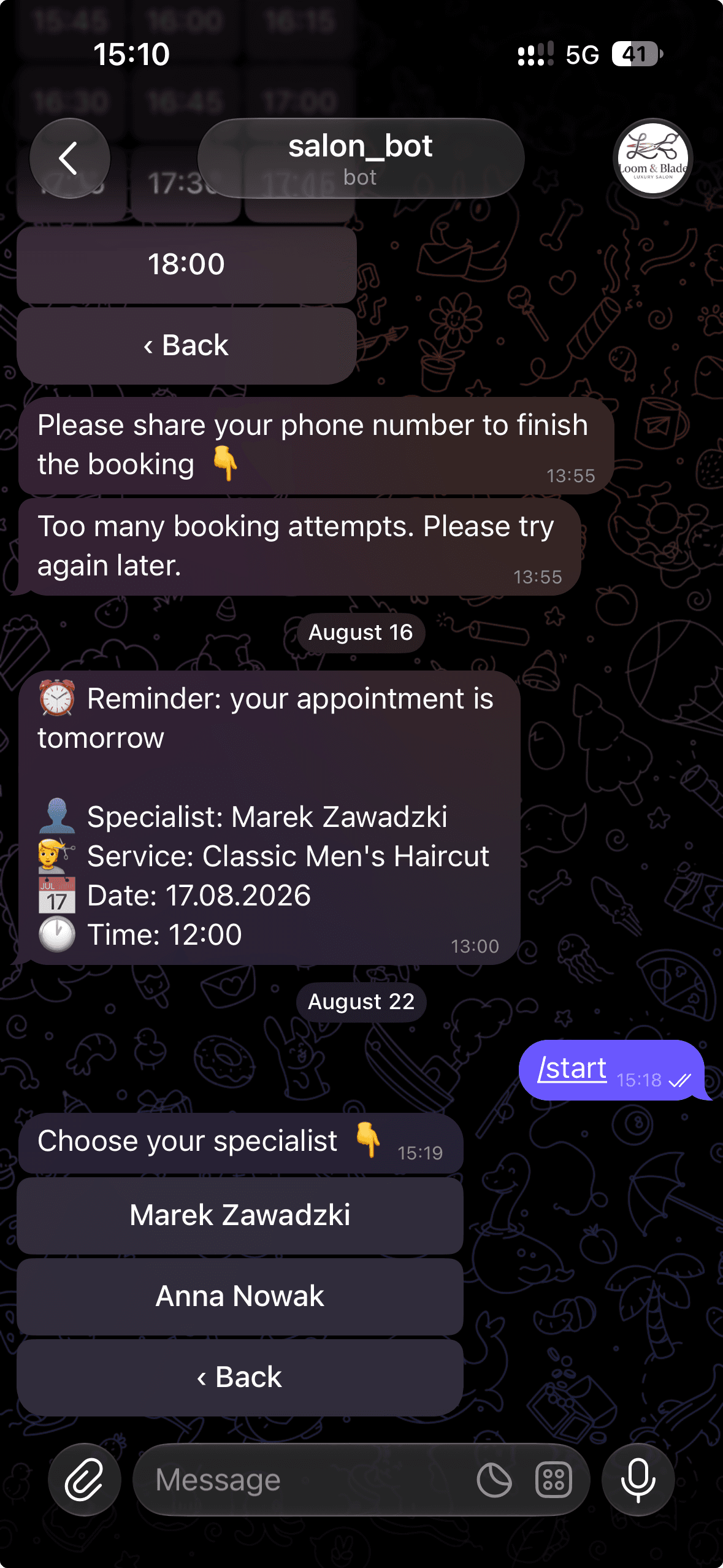 Telegram booking bot conversation with appointment reminders